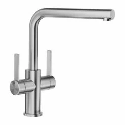 Blanco LANORA Twin Lever High Arched L-Shaped Spout Solid Kitchen Tap - Brushed Stainless Steel - 526702