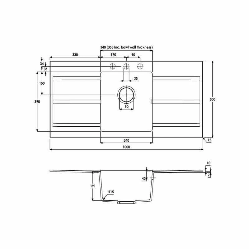 Abode Zero Single Bowl & Double Drainer Granite Kitchen Sink - Black - AW3008 - Image 3