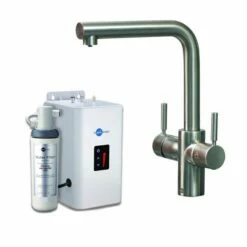 InSinkErator 3N1 L Shape Steaming Hot Kitchen Tap W/ NeoTank & Filter Pack - Brushed Steel - 44837B+45094