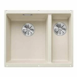 Blanco SUBLINE 340/160-U LH Silgranit 2 Bowl Undermount Kitchen Sink With Manual InFino Waste - Soft White - 527162