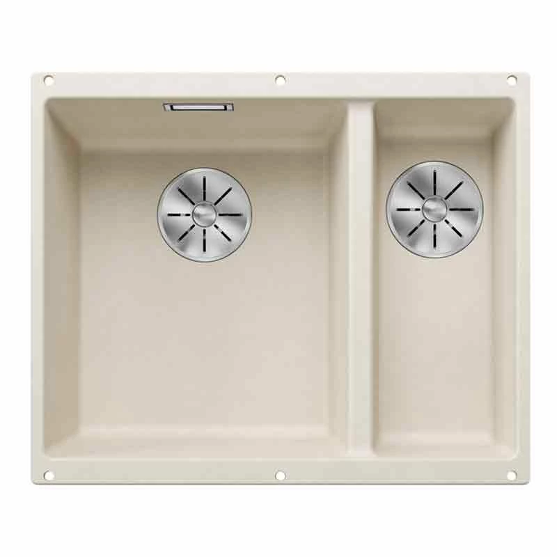 Blanco SUBLINE 340/160-U LH Silgranit 2 Bowl Undermount Kitchen Sink With Manual InFino Waste - Soft White - 527162