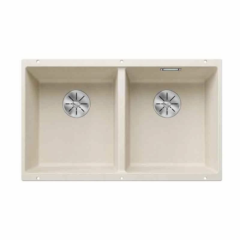 Blanco SUBLINE 350/350-U Silgranit 2 Bowl Undermount Kitchen Sink With Manual InFino Waste - Soft White - 527164