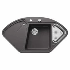 Blanco DELTA II 1.5 Bowl Inset Silgranit Corner Kitchen Sink With Remote Control InFino Drain System - Rock Grey - 523657
