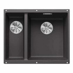 Blanco SUBLINE 340/160-U 1.5 RH Bowl Undermount Silgranit Kitchen Sink With Manual InFino Waste - Rock Grey - 523559