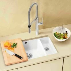 Blanco SUBLINE 350/150-U 1.5 LH Bowl Undermount Ceramic Kitchen Sink With Manual InFino Waste - Crystal White - 523741