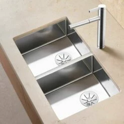 Blanco CLARON 400/400-U 2 Bowl Undermount Stainless Steel Kitchen Sink With Manual InFino Waste - Satin Polish - 521618