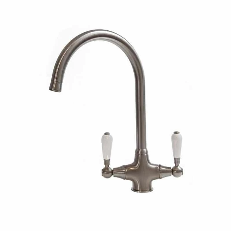 Reginox Elbe Dual Lever Kitchen Tap With White Ceramic Handle - Brushed Nickel - ELBE BN - Image 2