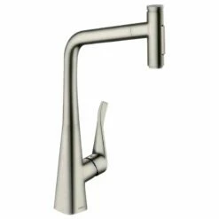 Hansgrohe Metris Select M71 Single Lever Kitchen Mixer Tap 320 With Pull-Out Spray & Sbox 2 Spray Modes - Stainless Steel - 73816800