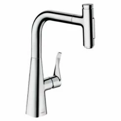 Hansgrohe Metris Select M71 Single Lever Kitchen Mixer Tap 240 With Pull-Out Spray & Sbox 2 Spray Modes - Chrome - 73817000