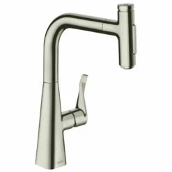 Hansgrohe Metris Select M71 Single Lever Kitchen Mixer Tap 240 With Pull-Out Spray & Sbox 2 Spray Modes - Stainless Steel - 73817800