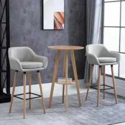 HOMCOM 2 Piece Bar Stools - Fabric Seats With Metal Frame & Wooden Legs - Beige - 835-141V70BG