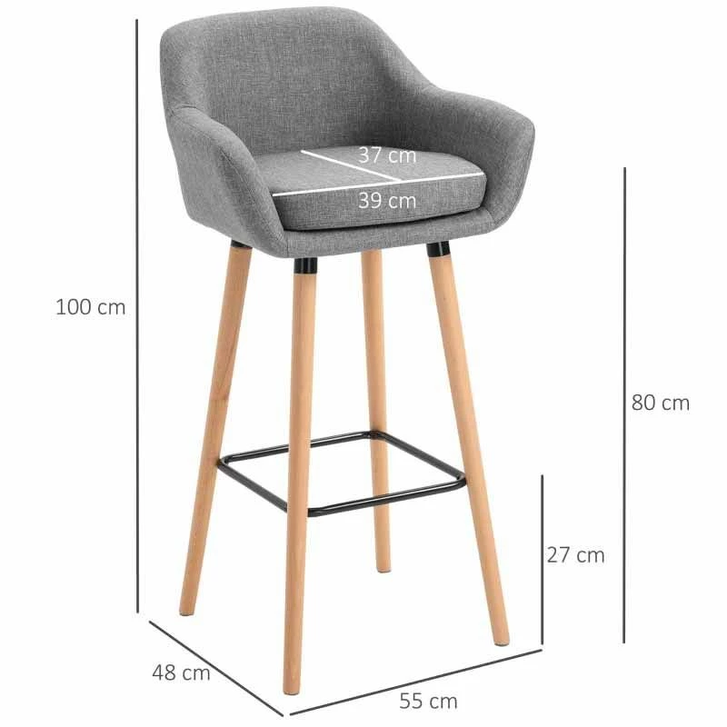 HOMCOM 2 Piece Bar Stools - Fabric Seats With Metal Frame & Wooden Legs - Grey - 835-141V70GY - Image 3