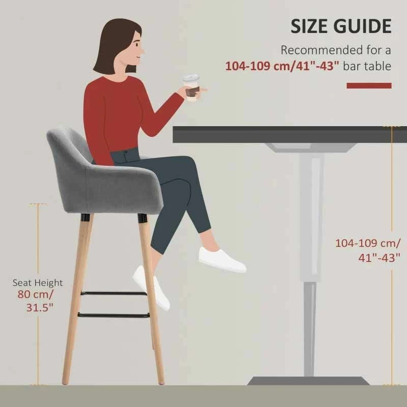 HOMCOM 2 Piece Bar Stools - Fabric Seats With Metal Frame & Wooden Legs - Grey - 835-141V70GY - Image 7