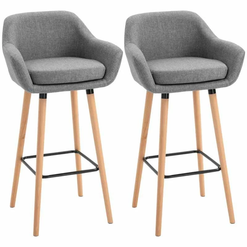 HOMCOM 2 Piece Bar Stools - Fabric Seats With Metal Frame & Wooden Legs - Grey - 835-141V70GY - Image 2