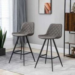 HOMCOM 2 Piece Bar Stools - Fabirc Padded Seats With Steel Frame - Dark Grey/Black - 835-152V71CG