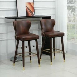 HOMCOM 2 Piece Bar Stools - PU Leather Seats With Wooden & Metal Frame - Brown - 835-199V71BN