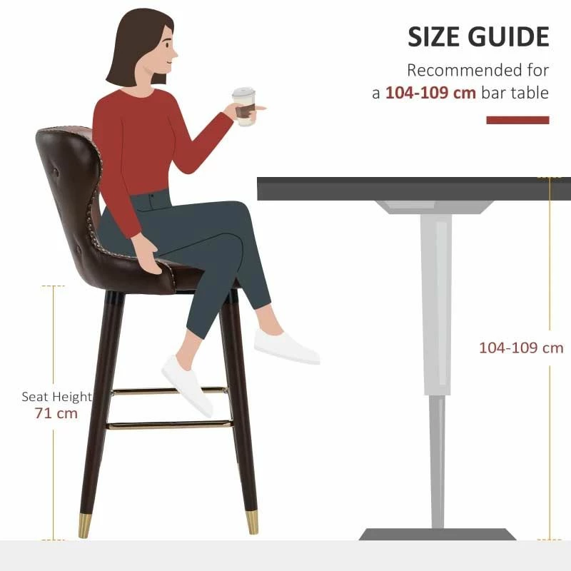 HOMCOM 2 Piece Bar Stools - PU Leather Seats With Wooden & Metal Frame - Brown - 835-199V71BN - Image 7