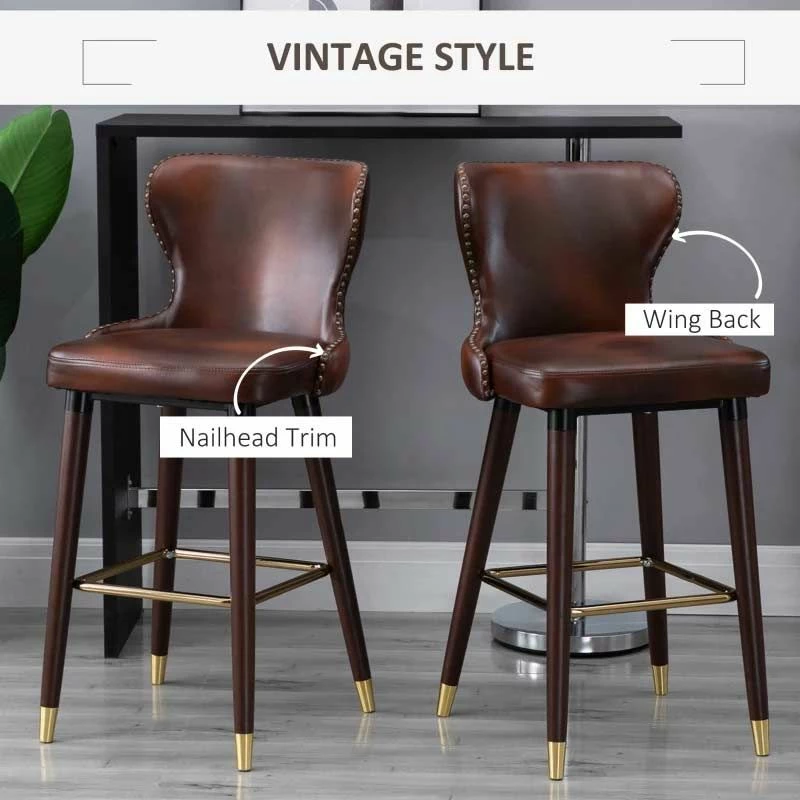 HOMCOM 2 Piece Bar Stools - PU Leather Seats With Wooden & Metal Frame - Brown - 835-199V71BN - Image 4