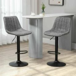 HOMCOM 2 Piece Height Adjustable Bar Stools & 360° Swivel With Footrests - Grey/Black - 835-228V71GY