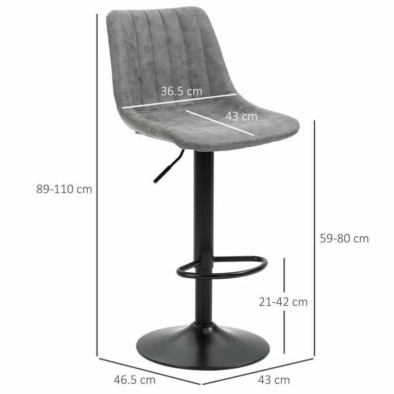 HOMCOM 2 Piece Height Adjustable Bar Stools & 360° Swivel With Footrests - Grey/Black - 835-228V71GY - Image 3