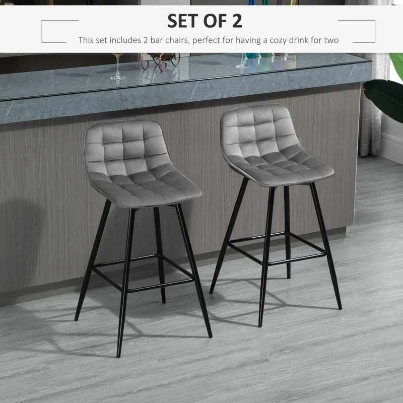 HOMCOM 2 Piece Bar Stools With Backs - Velvet Fabric Seats & Metal Legs - Grey/Black - 835-271V70 - Image 4