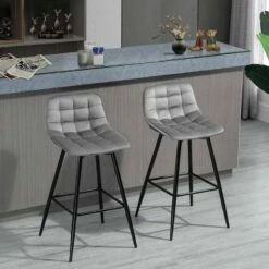 HOMCOM 2 Piece Bar Stools With Backs - Velvet Fabric Seats & Metal Legs - Grey/Black - 835-271V70
