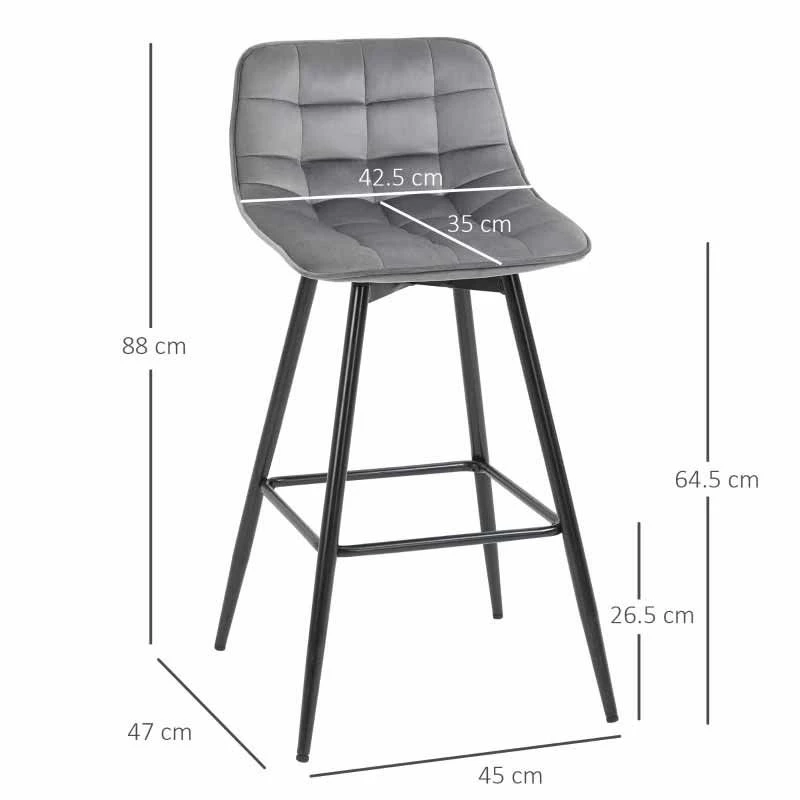 HOMCOM 2 Piece Bar Stools With Backs - Velvet Fabric Seats & Metal Legs - Grey/Black - 835-271V70 - Image 3