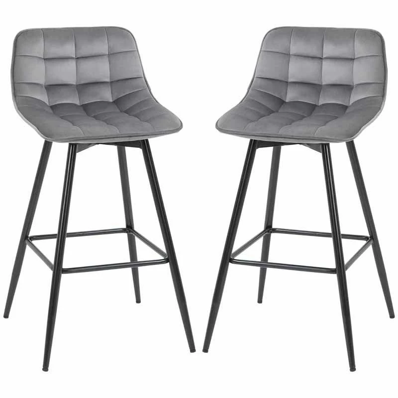 HOMCOM 2 Piece Bar Stools With Backs - Velvet Fabric Seats & Metal Legs - Grey/Black - 835-271V70 - Image 2