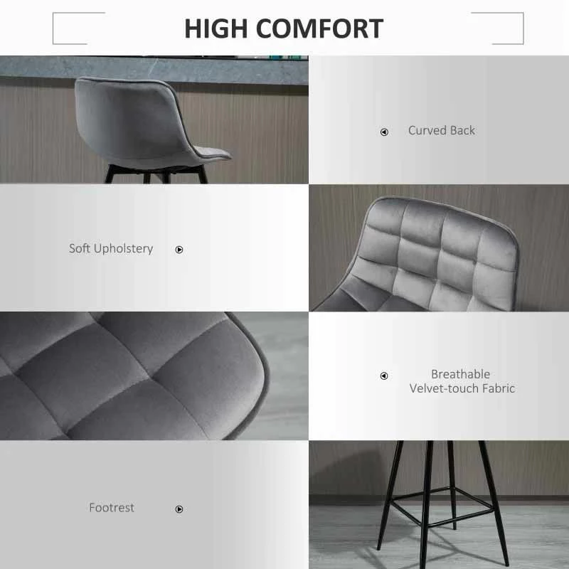 HOMCOM 2 Piece Bar Stools With Backs - Velvet Fabric Seats & Metal Legs - Grey/Black - 835-271V70 - Image 6