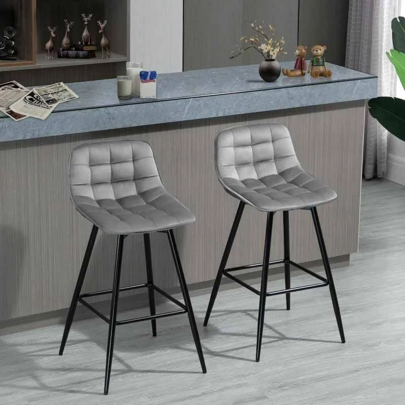 HOMCOM 2 Piece Bar Stools With Backs - Velvet Fabric Seats & Metal Legs - Grey/Black - 835-271V70