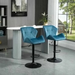 HOMCOM 2 Piece Height Adjustable Velvet Bar Stools With Footrests - Blue/Black - 835-355V71BU