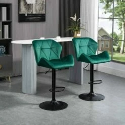 HOMCOM 2 Piece Height Adjustable Velvet Bar Stools With Footrests - Green/Black - 835-355V71GN