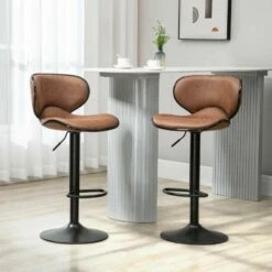HOMCOM 2 Piece Height Adjustable Bar Stools With Faric Swivel Seats & Footrests - Brown/Black - 835-356V71BN
