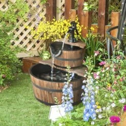 Outsunny 2 Tier Wooden Garden Water Feature - Brown - 844-097