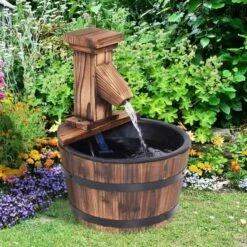 Outsunny Garden Wooden Barrel Electric Pump Water Feature 27x37Hcm - Brown - 844-216V01