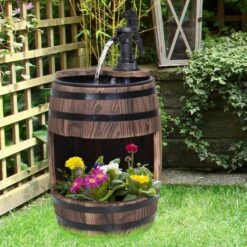 Outsunny Fir Wood Barrel Water Feature With Flower Planter 32x58.5Hcm - Brown - 844-218V01