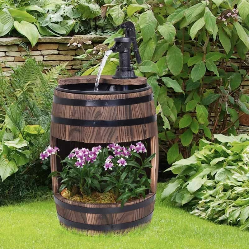 Outsunny Fir Wood Barrel Water Feature With Flower Planter 32x58.5Hcm - Brown - 844-218V01 - Image 9