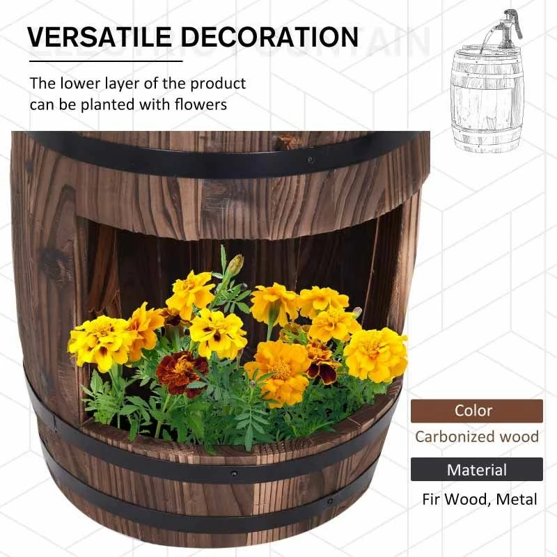 Outsunny Fir Wood Barrel Water Feature With Flower Planter 32x58.5Hcm - Brown - 844-218V01 - Image 5