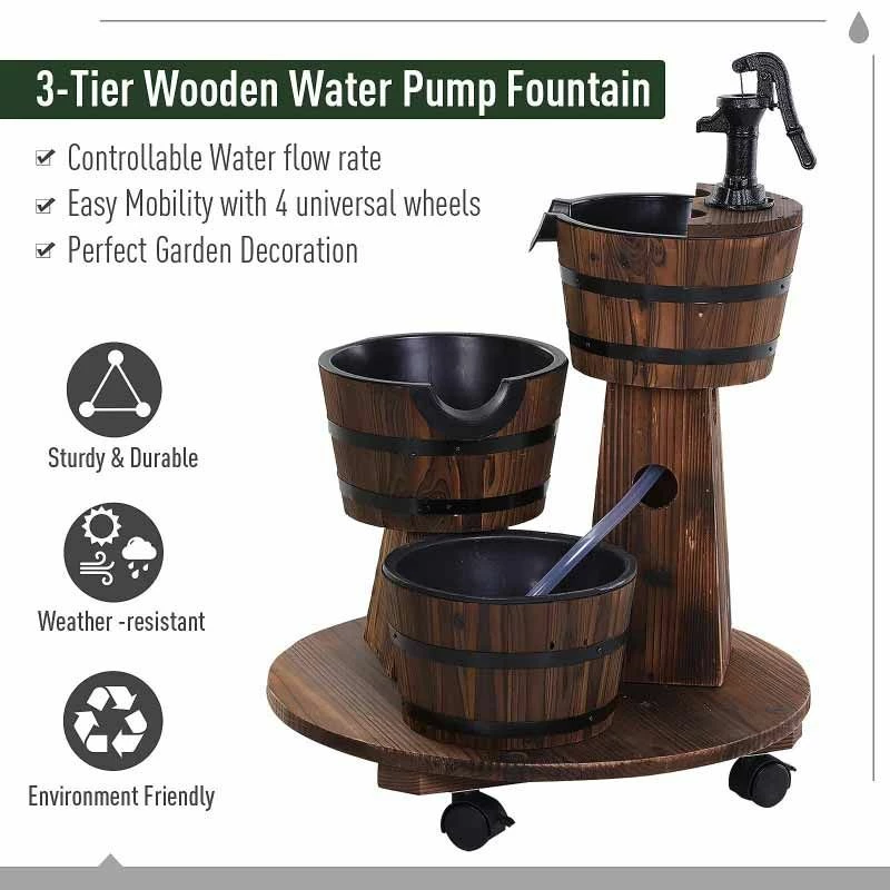 Outsunny Fir Wood 3 Barrel Water Feature With Electric Pump - Brown - 844-271V70 - Image 4