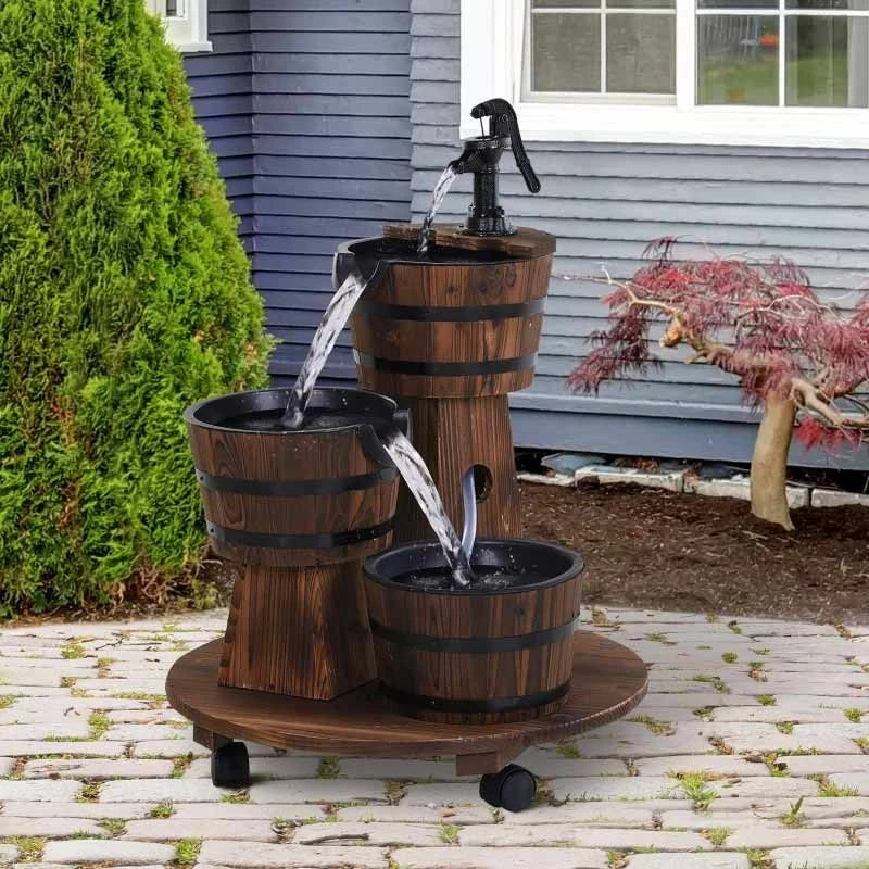 Outsunny Fir Wood 3 Barrel Water Feature With Electric Pump - Brown - 844-271V70 - Image 10