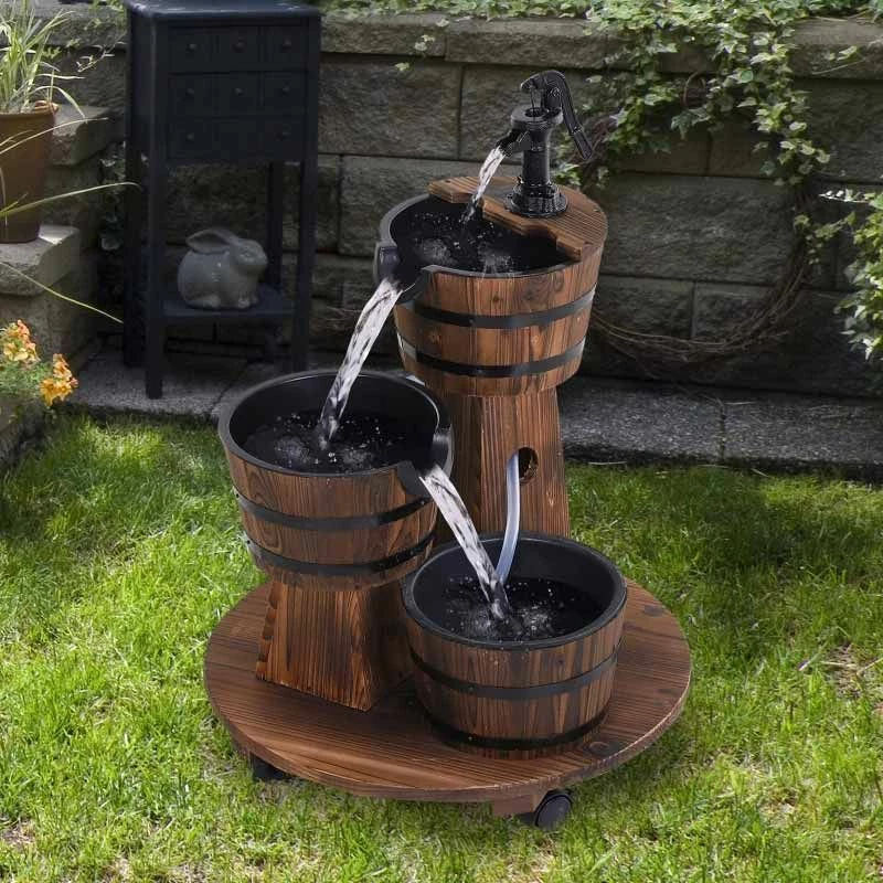 Outsunny Fir Wood 3 Barrel Water Feature With Electric Pump - Brown - 844-271V70