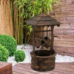 Outsunny Fir Wood Garden Décor Wishing Well Barrel Water Feature - Brown - 844-273V70