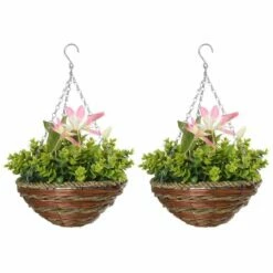 Outsunny 2-Piece Clematis Artificial Flowers With Hanging Basket - Pink & White - 844-366